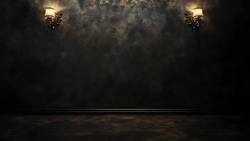 Dark textured wall with two classic sconces illuminated.