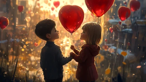 Children with Heart Balloons in Golden Cityscape.