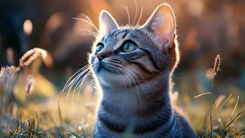 Tabby Domestic Feline with Cerulean Eyes in Natural Sunlit Environment