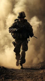 Combat soldier advances through dense dust plume in harsh backlight