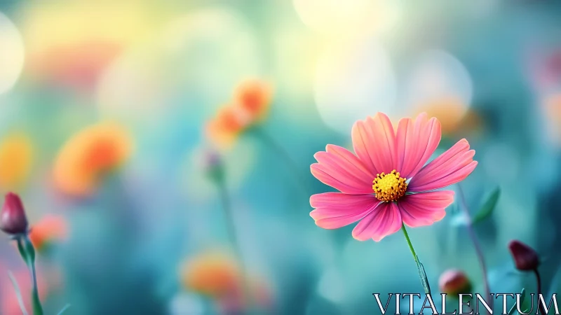 Pink cosmos flower specimen with selective focus optical depth effect.