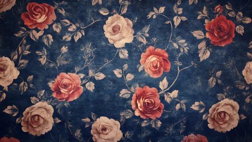 Vintage roses blooming softly on deep blue fabric background.
