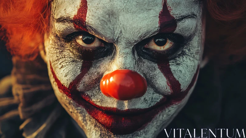 Sinister horror clown closeup with intense painted stare.