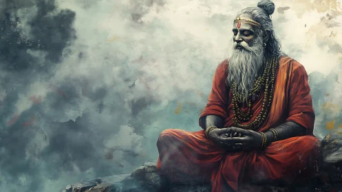 Serene sage in orange robes rests calmly above drifting clouds