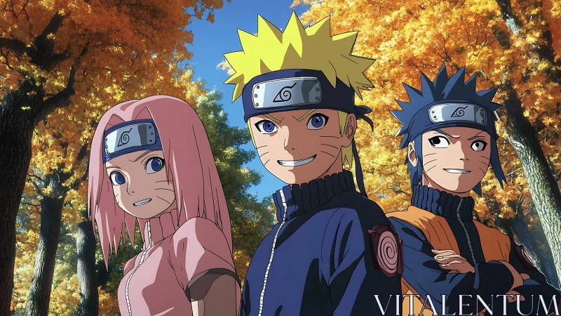Anime ninja trio stand unified against vivid autumn forest