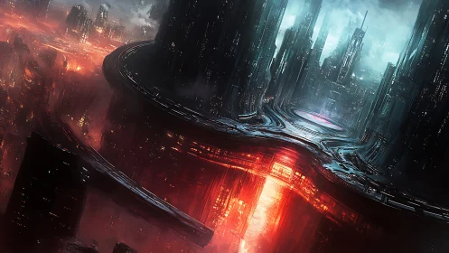 Futuristic cityscape shows glowing rift dividing urban core