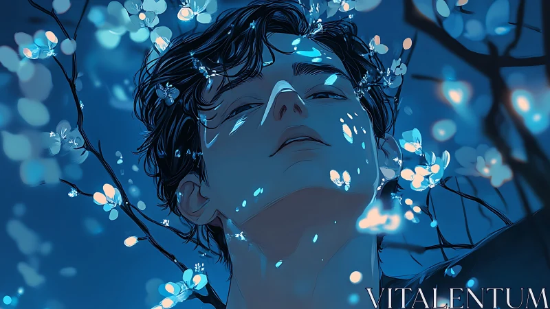 Moonlit blossoms drifting across a quiet dreamer’s face.