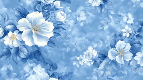 White Blossoms Floating Against Gradient Blue Sky.
