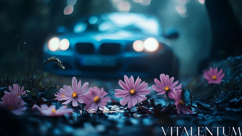 Pink flowers lie on wet ground before blurred car headlights
