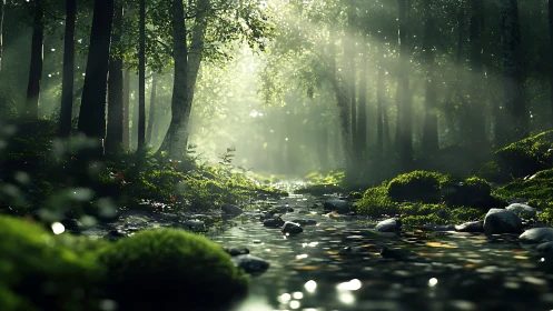 Sunlit Forest Stream with Mystical Canopy.