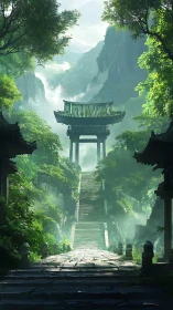 Verdant mountain shrine gate rising through ethereal mist.