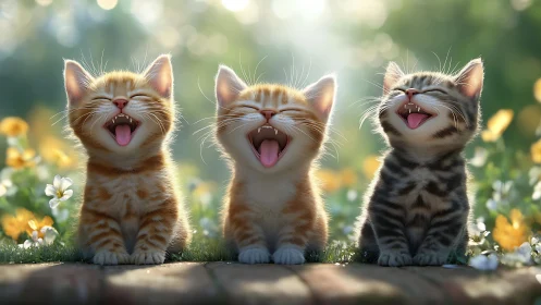 Three Joyful Kittens Laughing in a Sunlit Meadow of Flowers.
