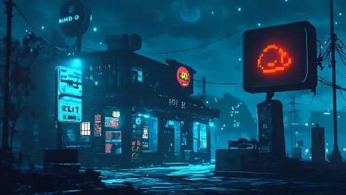 Cozy neon diner glowing softly in a dreamy cyberpunk night.