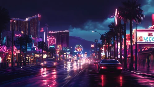 Neon soaked city boulevard glows under stormy night sky