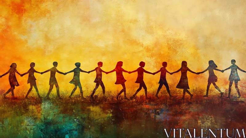 Children Holding Hands Silhouette Against Warm Abstract Background.