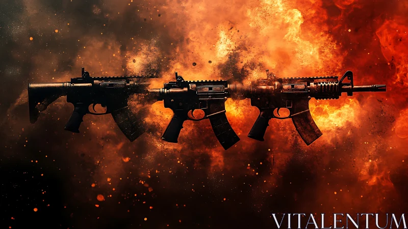 Military Rifles Against Explosive Inferno Background.