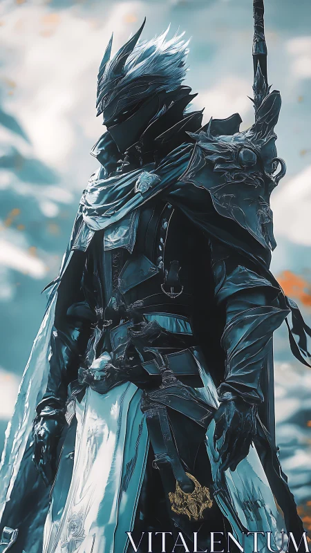 Armored ice knight in windswept fantasy battlefield.