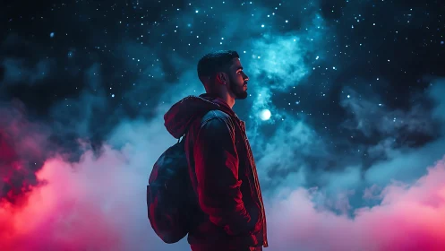 Profile portrait of backpacked man in neon cosmic fog field