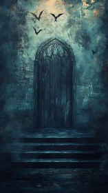 Gothic stone doorway shrouded in mist and circling bats.