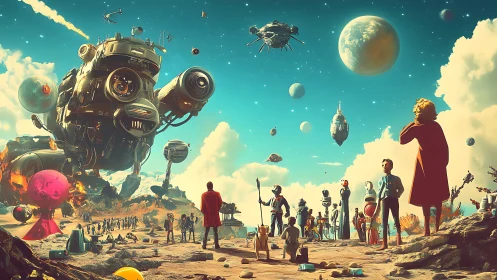 Crowds watch colossal spacecraft arrive on surreal alien shore