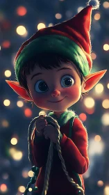 Digital render shows stylized elf figure holding rope lights