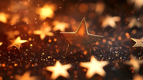 Golden star shapes on glittered surface in warm light.