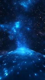 Blue light tunnel streaking into deep star-filled space.