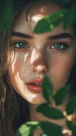 Sunlit green eyes meet gentle shadows in quiet foliage