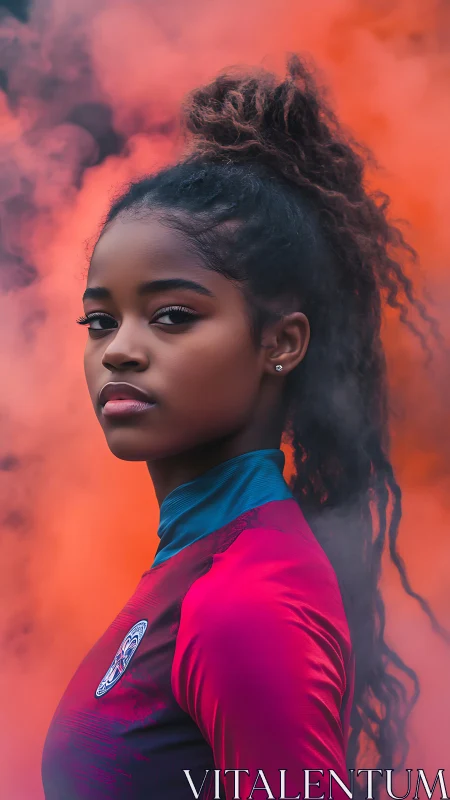 Focused young athlete in red jersey amid orange smoke.