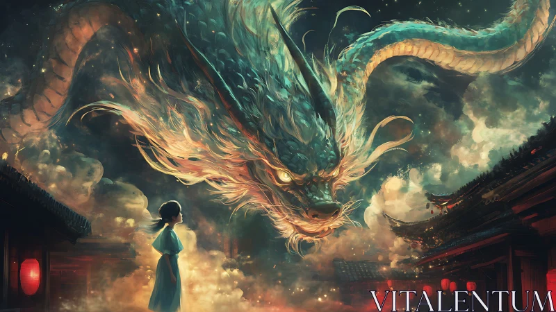 Mythic sky dragon confronting lone child over lantern city.