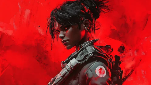 Defiant tactical operative in red dystopian digital portrait.
