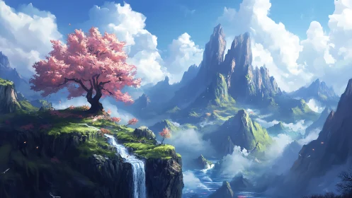 Solitary pink tree stands above waterfalls in mountainous valley