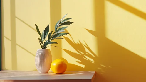 Sunny still life pairs vase and citrus in warm minimal light