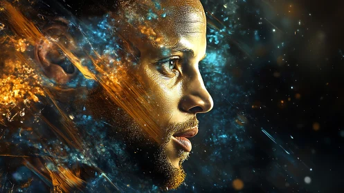 Golden cosmic portrait with fragmented nebula textures.