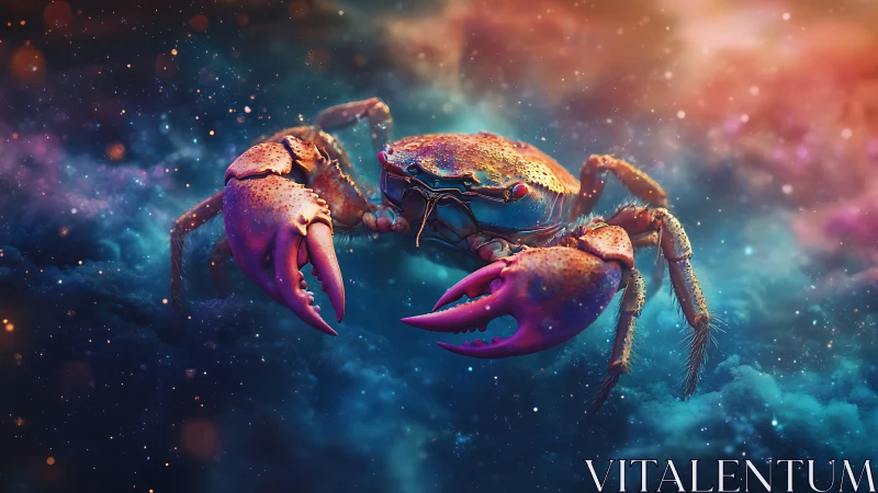 Luminous cosmic crab drifts through vibrant nebula clouds