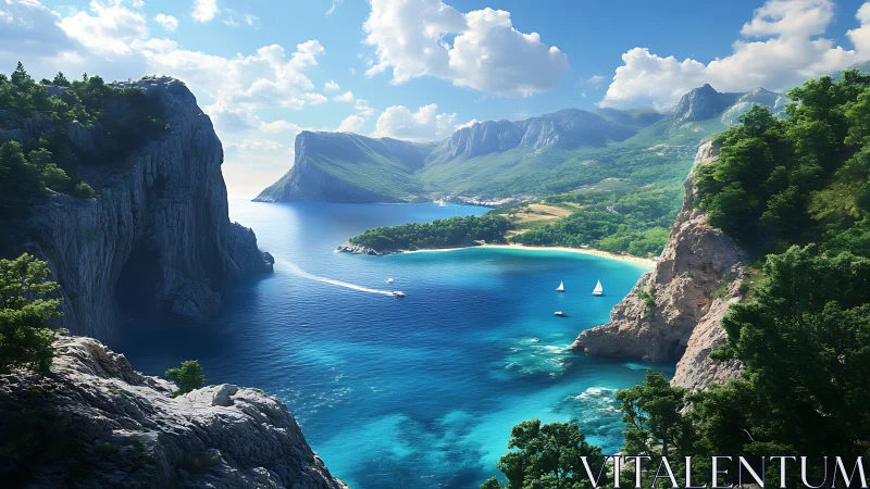 Alpine Lake Basin with Limestone Cliffs and Sailboats