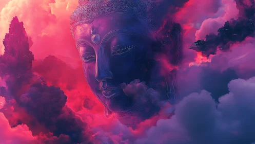 Colossal Buddha visage integrated into neon magenta volumetric clouds