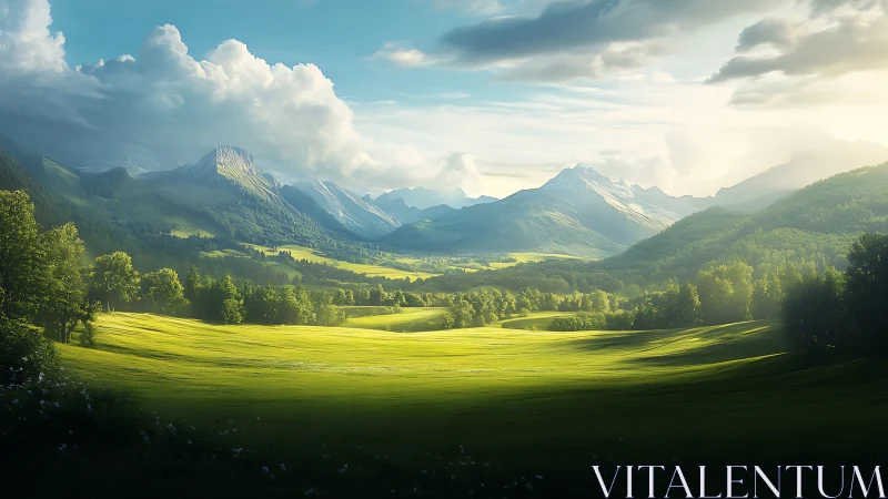 Sunlit mountain valley invites quiet wandering and soft wonder