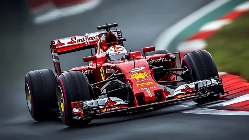 Red Formula One car attacks wet apex with dynamic motion blur.