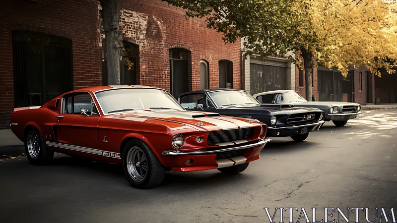 Classic Ford Mustangs pause in a quiet, tree lined street