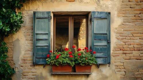 Weathered teal shutters frame geranium planter on rustic brick wall