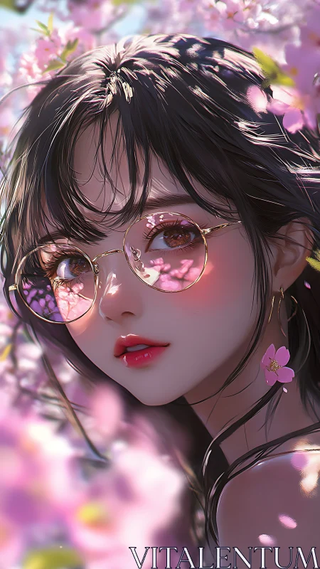 Digital portrait of girl in glasses amid pink blossoms.
