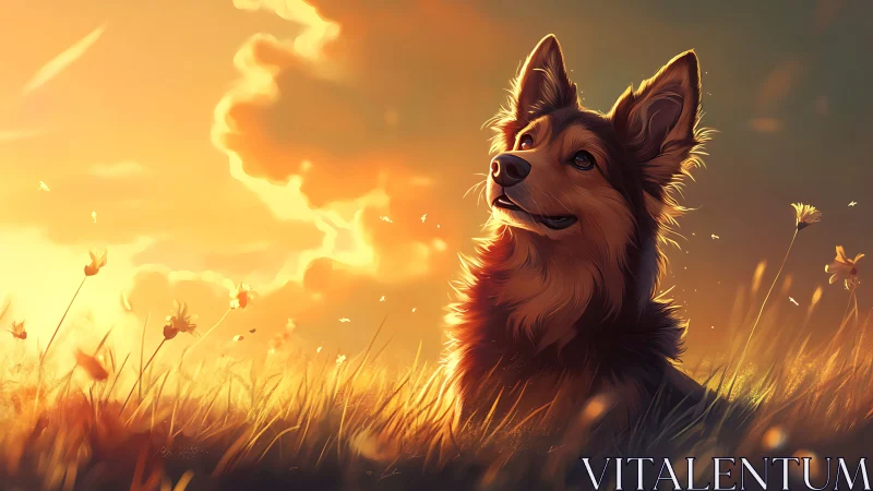 Dog in illuminated grassland under orange clouded sky.