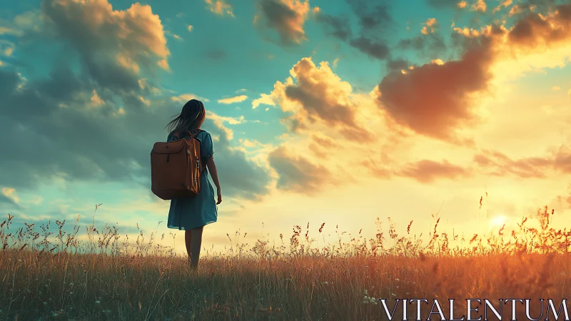 Girl with backpack stands in tall grass under vivid sunset sky