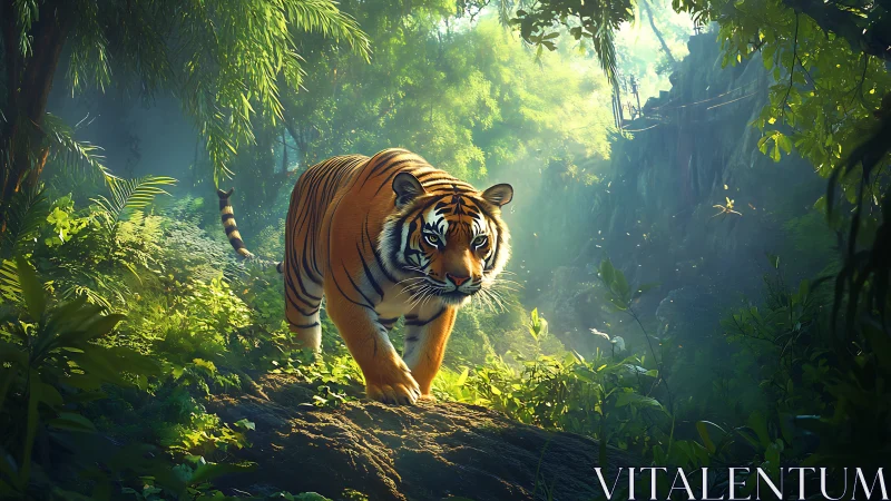 Sunlit jungle monarch prowling through emerald quietude.