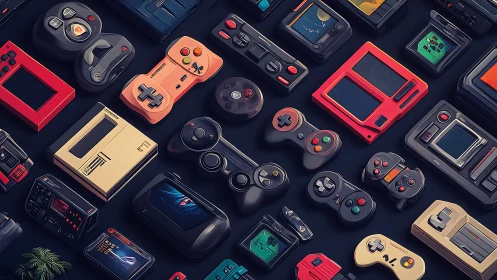 Isometric array of retro game controllers and handheld consoles