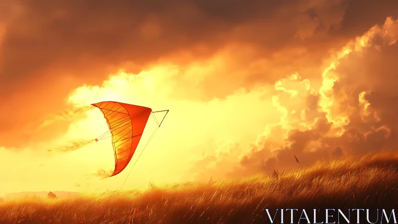 Red kite drifts across a radiant golden sunset sky.