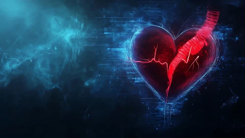 Glowing Digital Heart with Heartbeat in Tech World