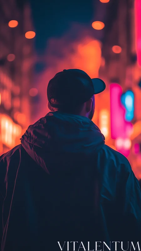 Figure in hooded jacket under neon city night glow.