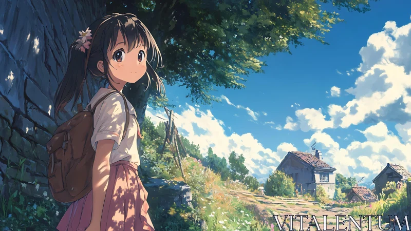 Summer village path with anime girl in soft backlighting.